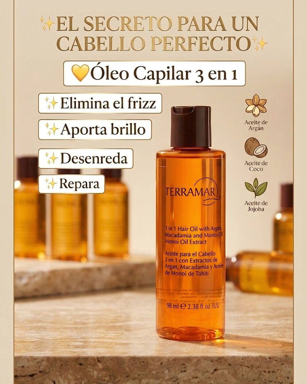 TERRAMAR 3 in 1 Hair Oil, Amber, Argan Macadamia Monoi Oil Blend